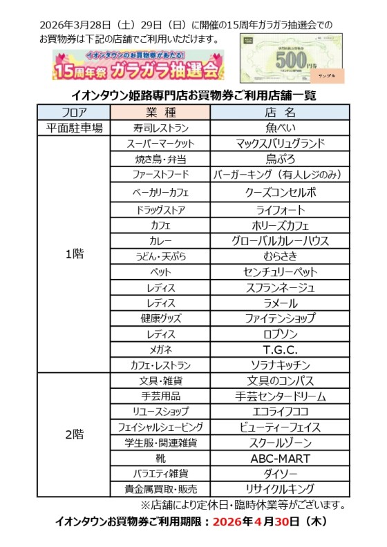 イオンタウンお買物券ご利用店舗一覧
