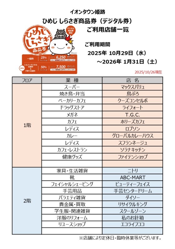 ひめじ しらさぎ商品券 ご利用店舗一覧