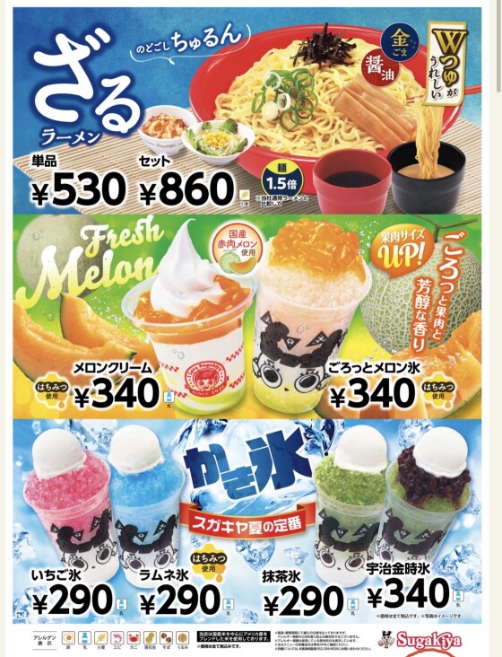 「ざるラーメン」「メロンクリーム」 「メロン氷」を期間限定販売！