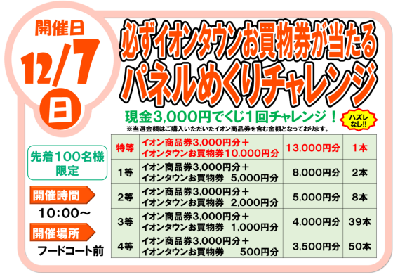 12/7(日)必ずイオンタウンお買物券が当たる！パネルめくりチャレンジ