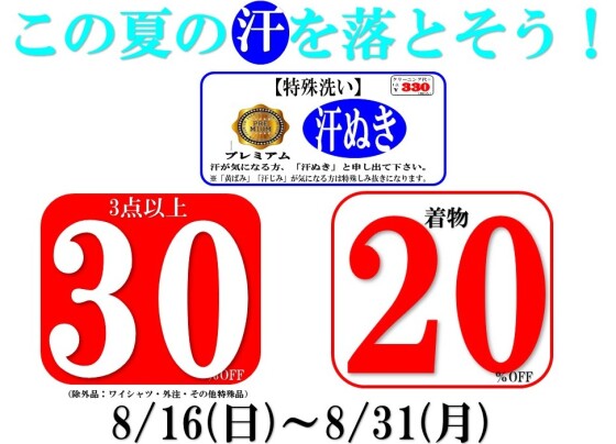 この夏の汗をプロの洗いでキレイにしよう！3点以上30％OFF！