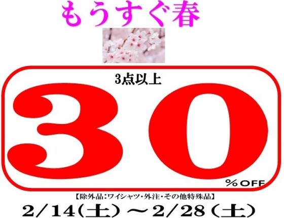 【春先取り！第二弾】2/14～2/28まで3点以上30％OFF