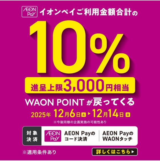 12/6（土）～12/14（日）　イオンペイご利用金額合計の10％　WAON POINTが戻ってくる！