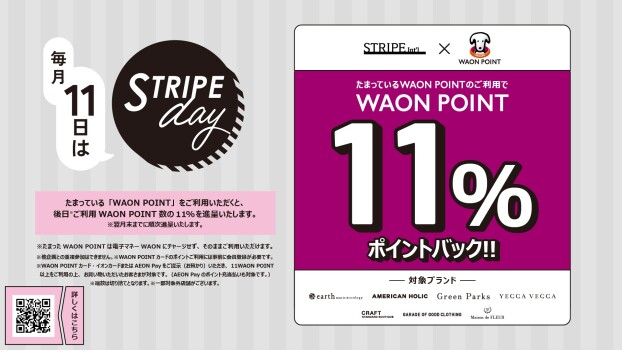 【毎月11日ストライプデー限定】WAON POINT11％ポイントバック！