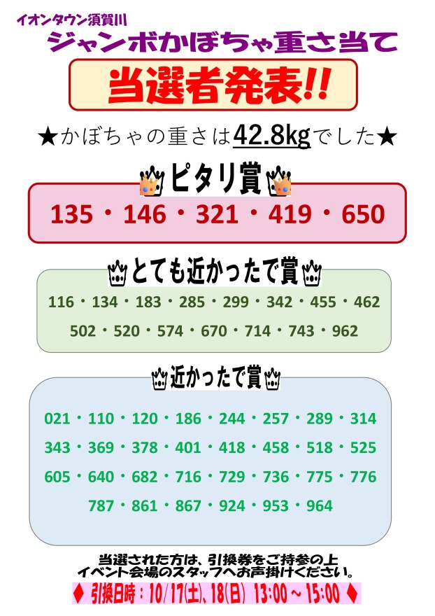 ジャンボかぼちゃ重さ当て 当選者発表!!