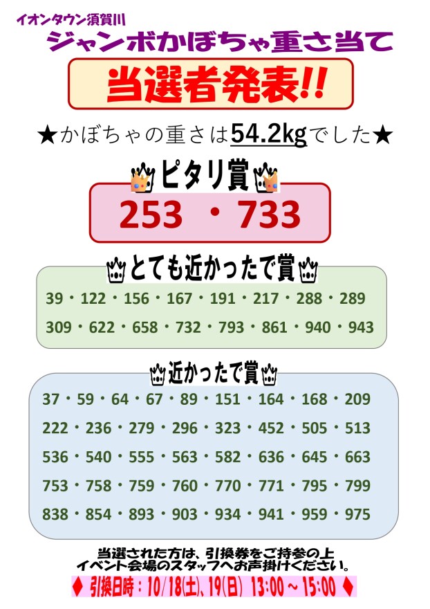 ジャンボかぼちゃ重さ当て 当選者発表!!