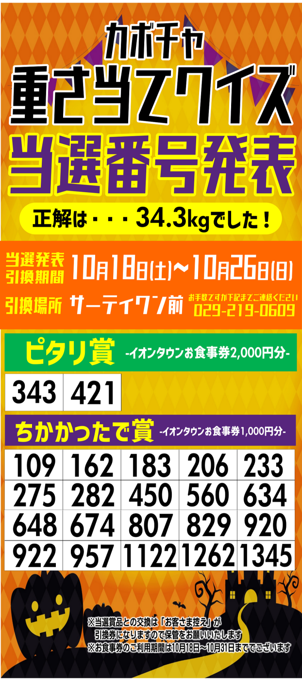 カボチャ重さ当てクイズ当選番号発表