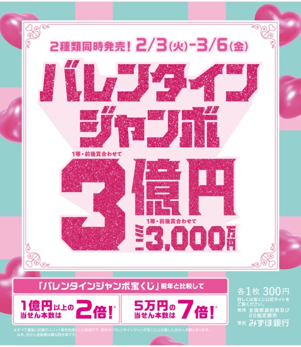 バレンタインジャンボ宝くじ発売！
