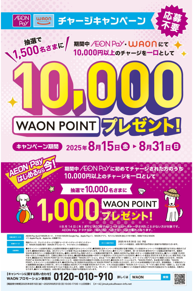 AEONPay・WAONのチャージでWAONPOINTが抽選で当たる