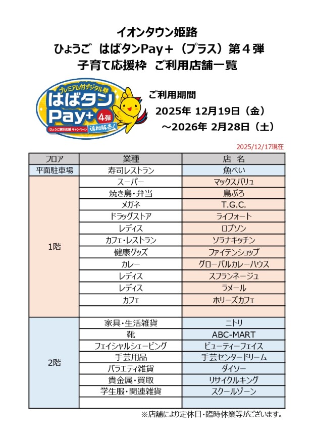 ひょうご はばタンPayプラス子育て応援枠 ご利用店舗一覧