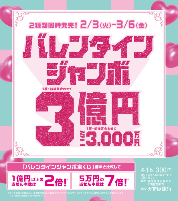 バレンタインジャンボ宝くじ発売！
