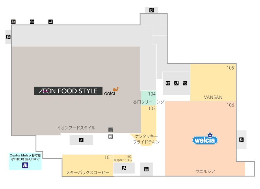 守口フロアマップ1F(ロゴ使用大阪市高速電気軌道(株)許可済み)